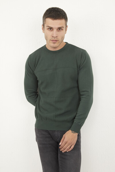 Round Neck Patterned Piece Dye Men's Knitwear Sweater - Thumbnail