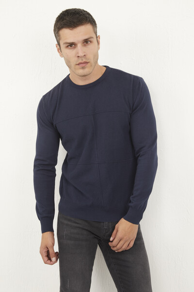 Round Neck Patterned Piece Dye Men's Knitwear Sweater - Thumbnail