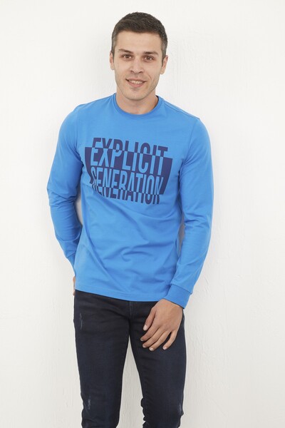 Round Neck Printed Blue Sweatshirt - Thumbnail