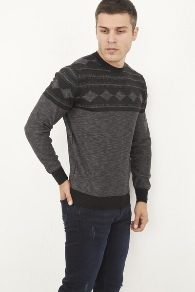 Round Neck Rug Patterned Knitwear Sweater - Thumbnail