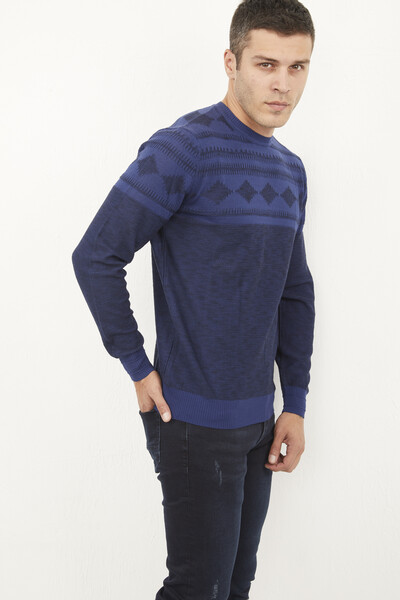 VOLTAJ - Round Neck Rug Patterned Knitwear Sweater