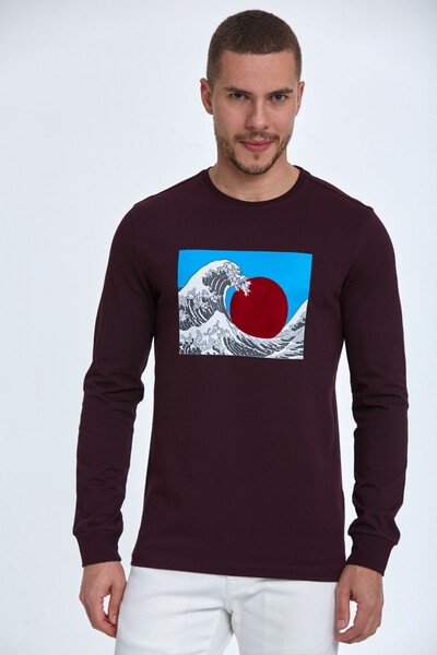 Round Neck Setting Sun and Ocean Printed Sweatshirt - Thumbnail