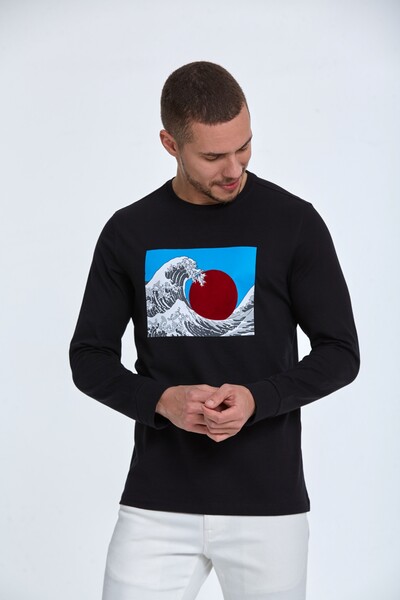 Round Neck Setting Sun and Ocean Printed Sweatshirt - Thumbnail