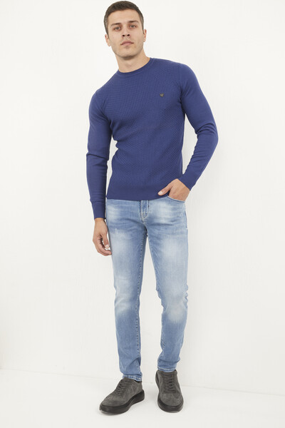 VOLTAJ - Round Neck Tiny Patterned Blue Knitwear Sweater (1)