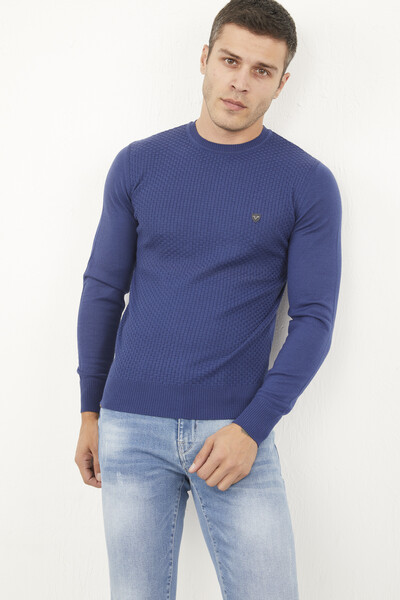 VOLTAJ - Round Neck Tiny Patterned Blue Knitwear Sweater