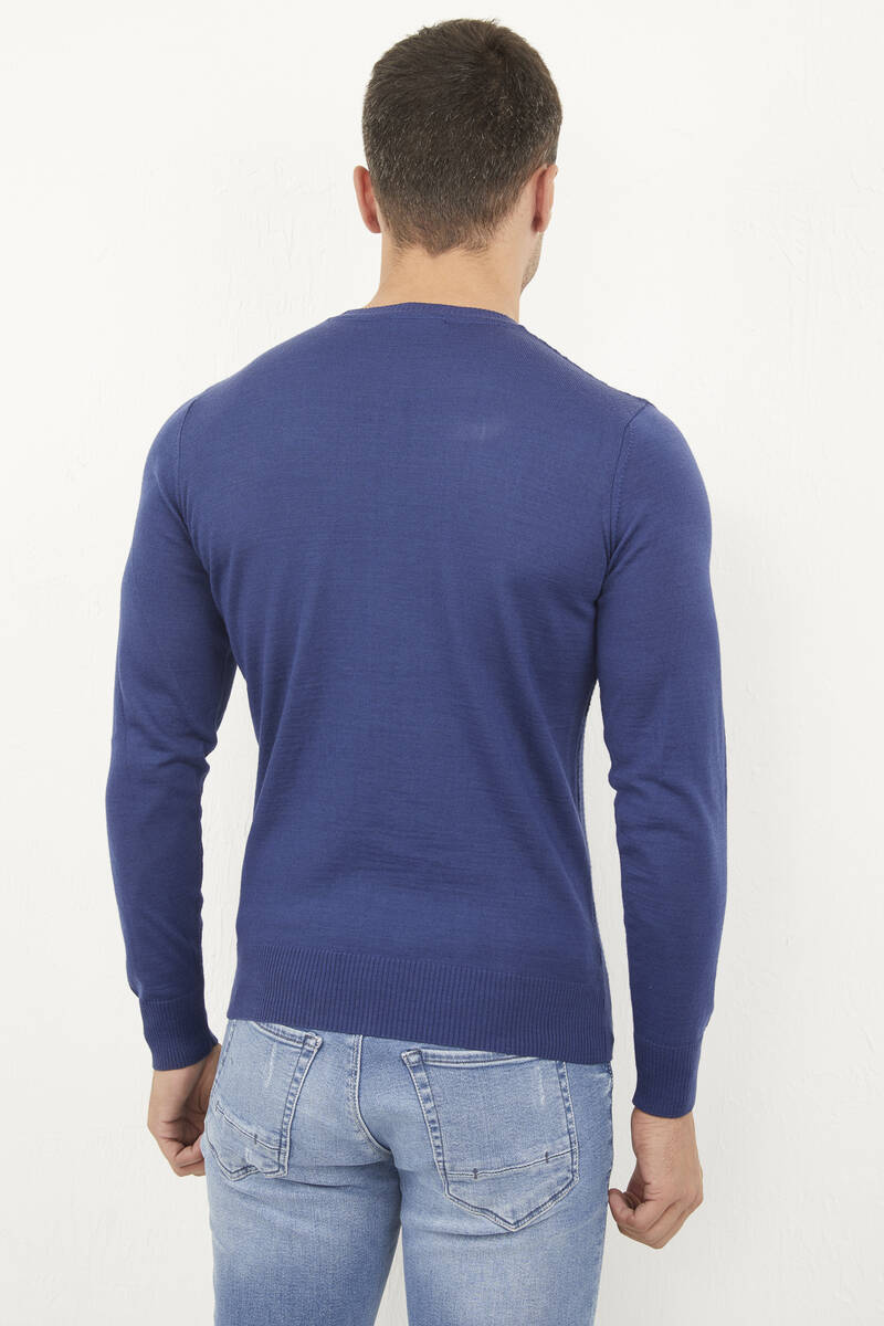 Round Neck Tiny Patterned Blue Knitwear Sweater
