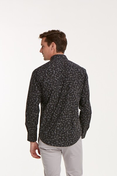 Sea Horse Patterned Cotton Black Slim Fit Men's Shirt - Thumbnail