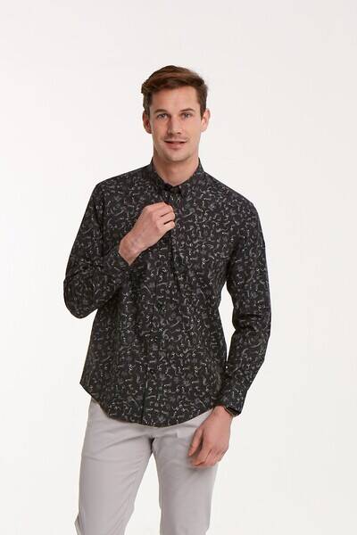Sea Horse Patterned Cotton Black Slim Fit Men's Shirt