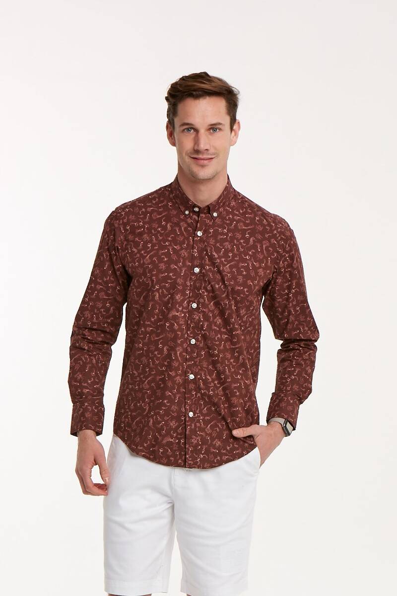 Sea Horse Patterned Cotton Brown Slim Fit Men's Shirt