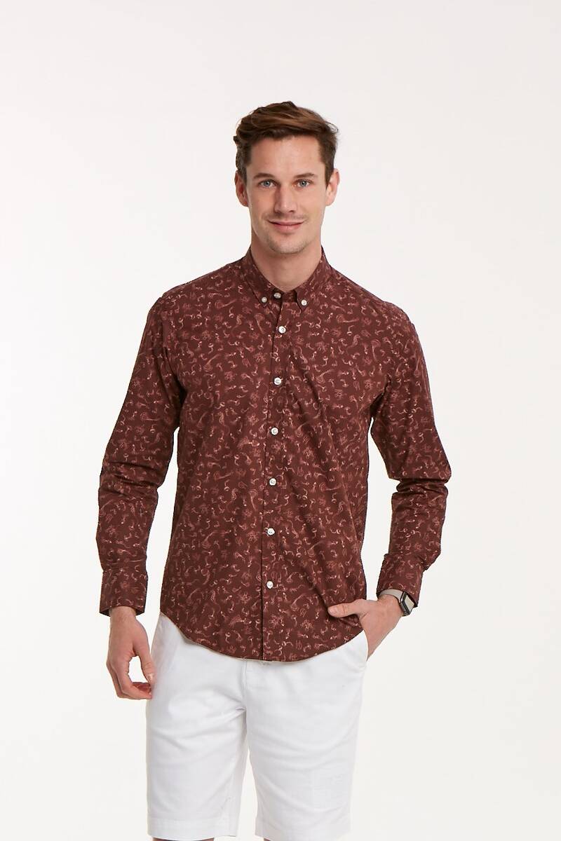 Sea Horse Patterned Cotton Brown Slim Fit Men's Shirt - 1