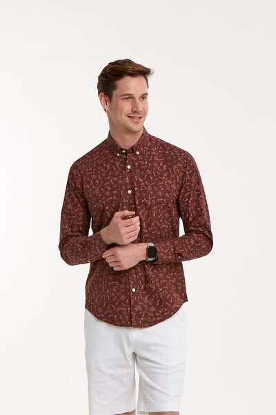 Sea Horse Patterned Cotton Brown Slim Fit Men's Shirt - Thumbnail