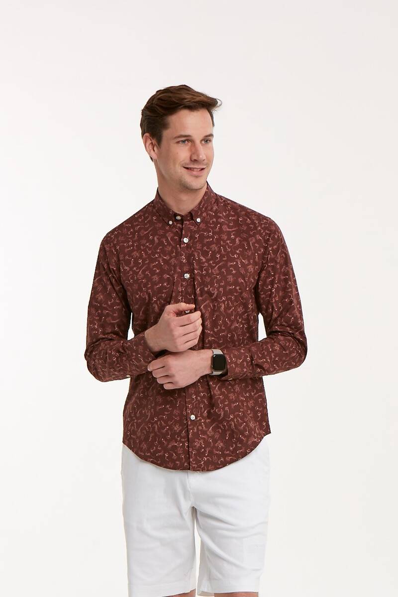 Sea Horse Patterned Cotton Brown Slim Fit Men's Shirt
