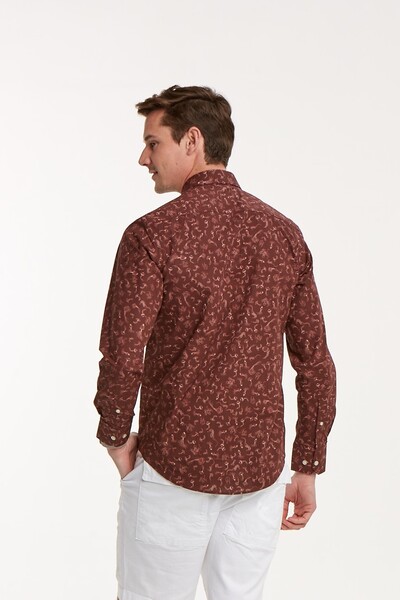 Sea Horse Patterned Cotton Brown Slim Fit Men's Shirt - 3