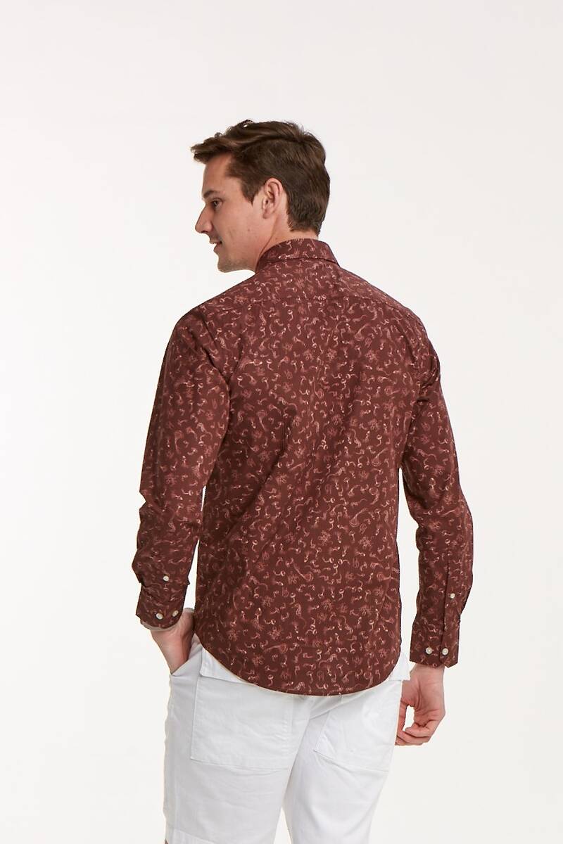 Sea Horse Patterned Cotton Brown Slim Fit Men's Shirt - 3