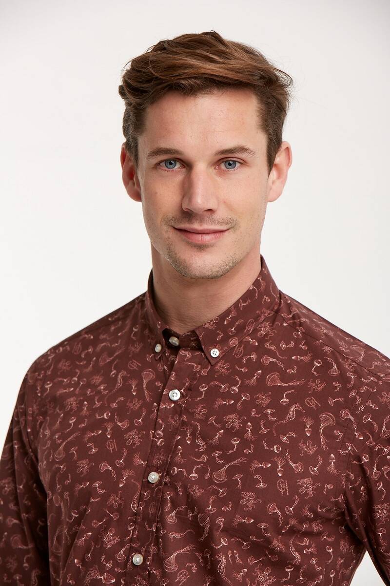 Sea Horse Patterned Cotton Brown Slim Fit Men's Shirt - 4
