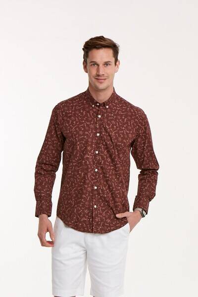 Sea Horse Patterned Cotton Brown Slim Fit Men's Shirt - 6