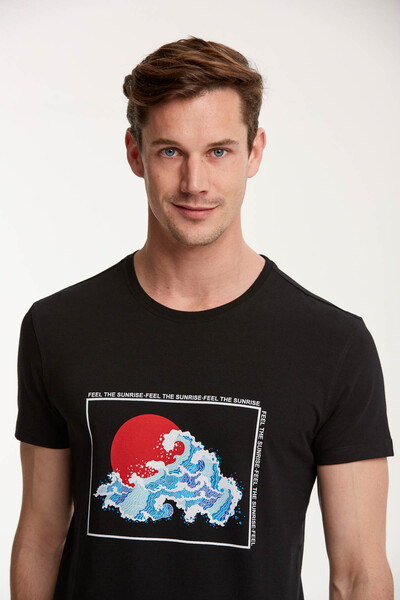 Sea Wave Printed Round Neck T-Shirt - Thumbnail