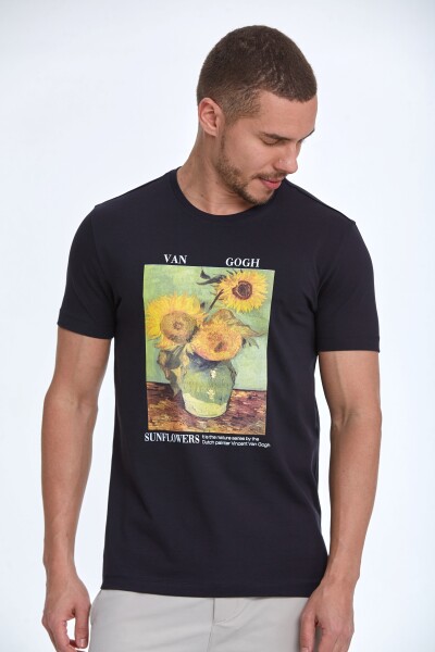 Shein Baskılı Erkek Tişört Lacivert 