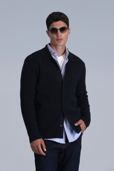 Solid Men's Cardigan Navy Blue - LUFIAN