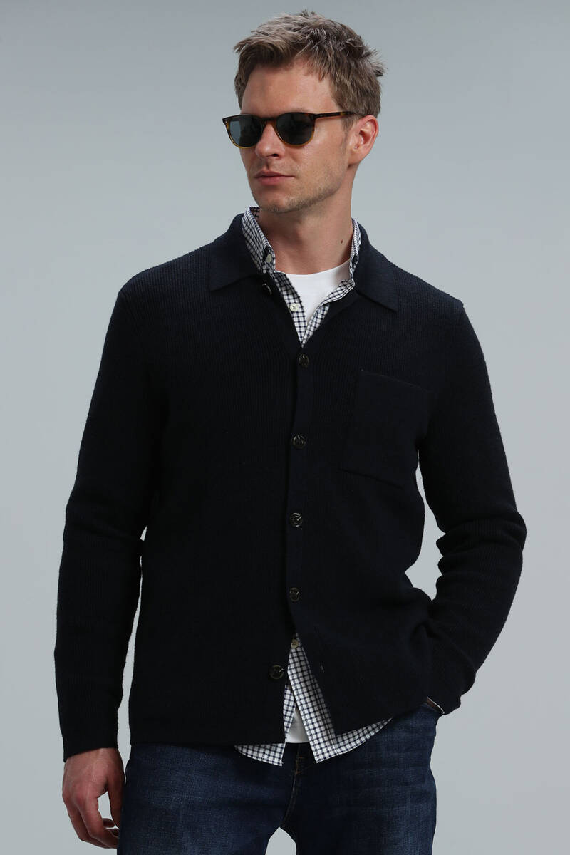 Solid Men's Cardigan Navy Blue - 1