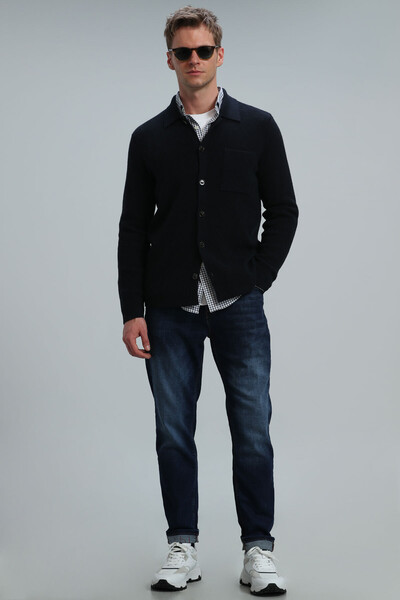 Solid Men's Cardigan Navy Blue - 2