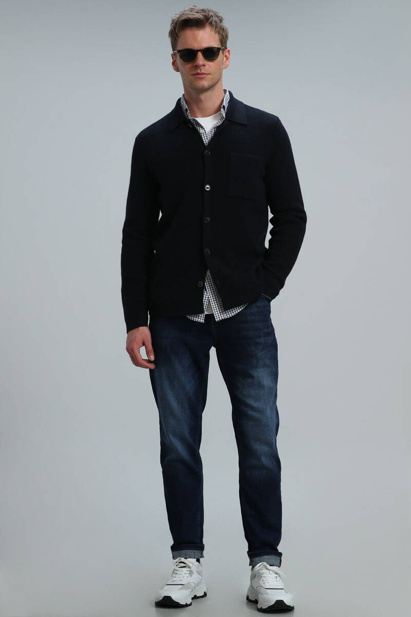 Solid Men's Cardigan Navy Blue - 2