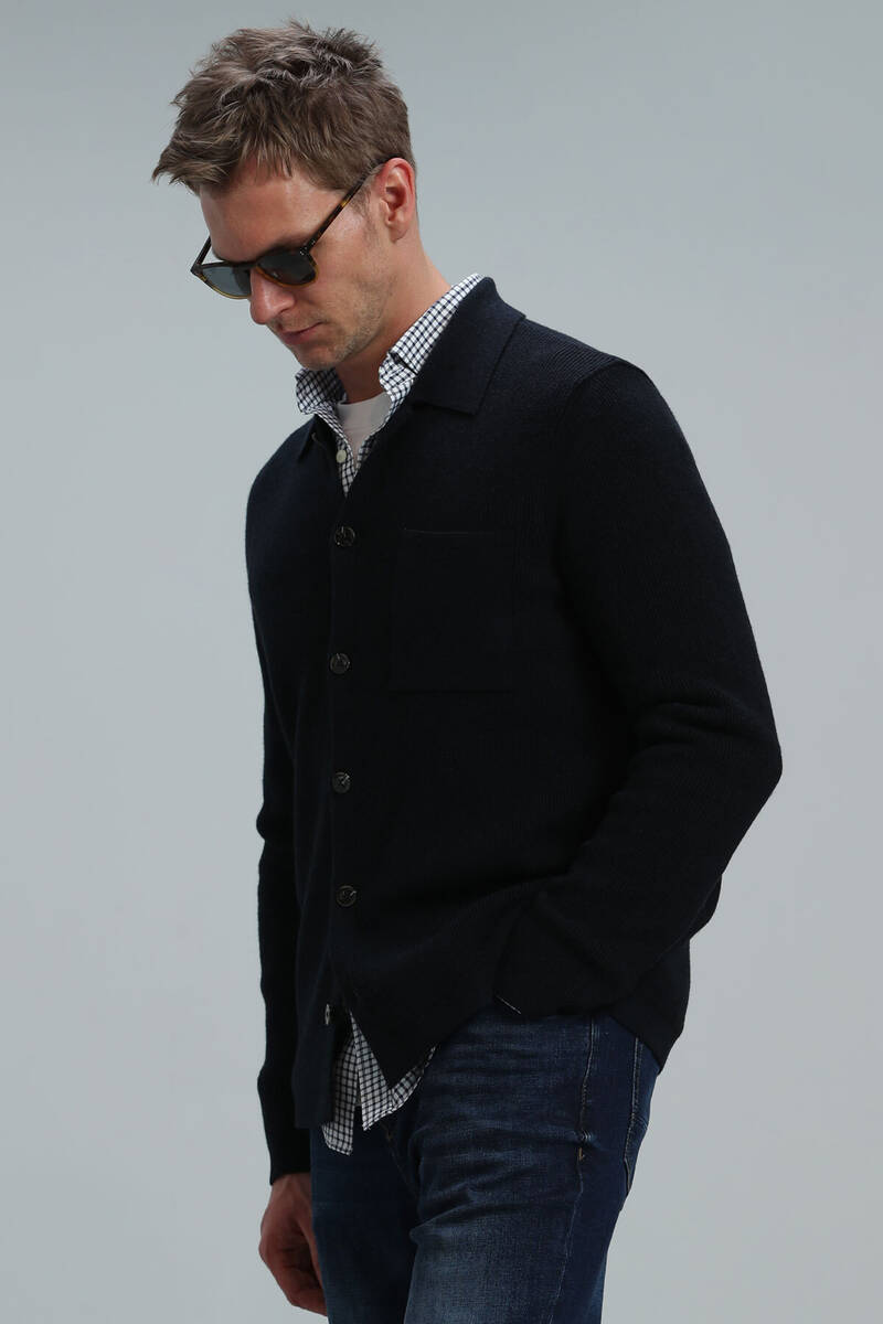 Solid Men's Cardigan Navy Blue - 3