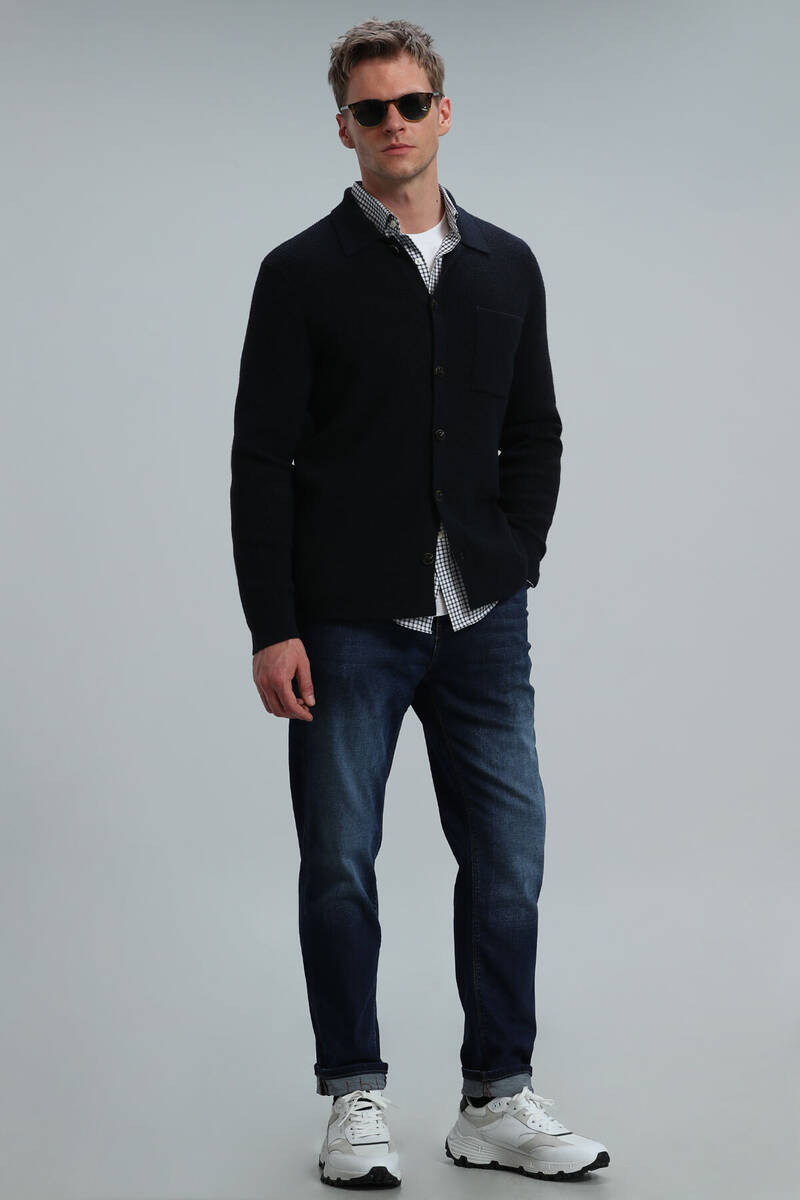 Solid Men's Cardigan Navy Blue - 4