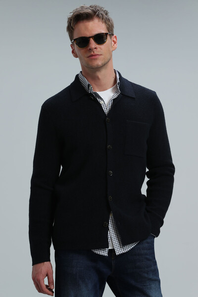 Solid Men's Cardigan Navy Blue - 5