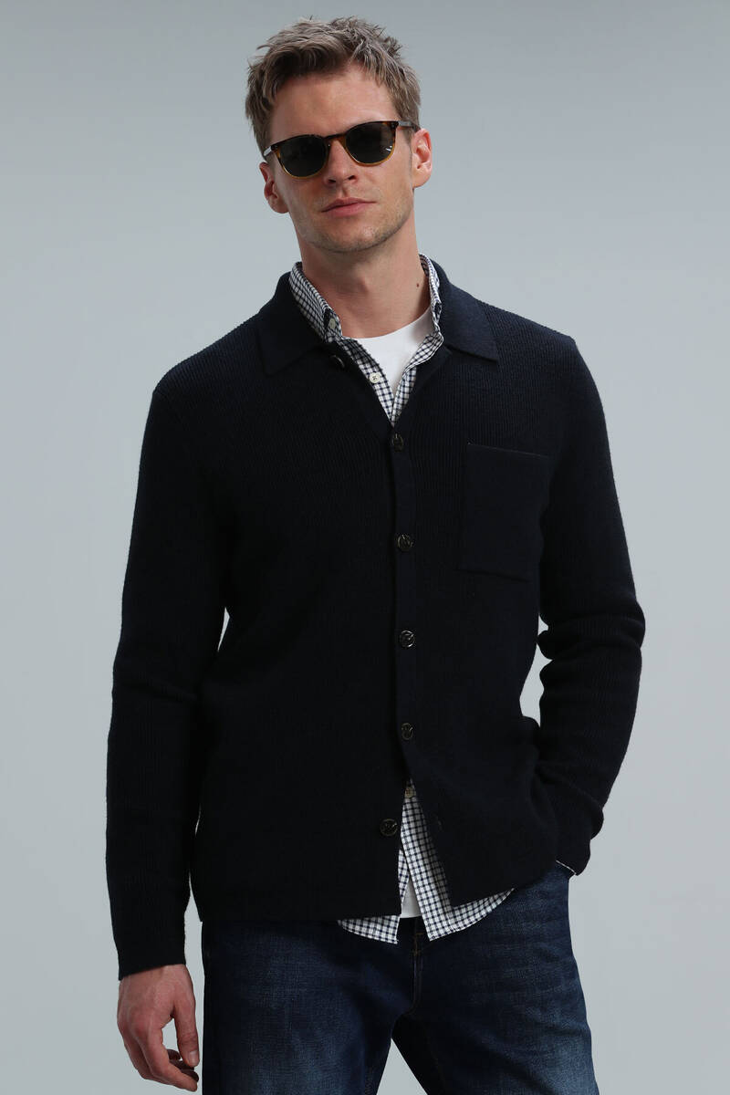 Solid Men's Cardigan Navy Blue - 5