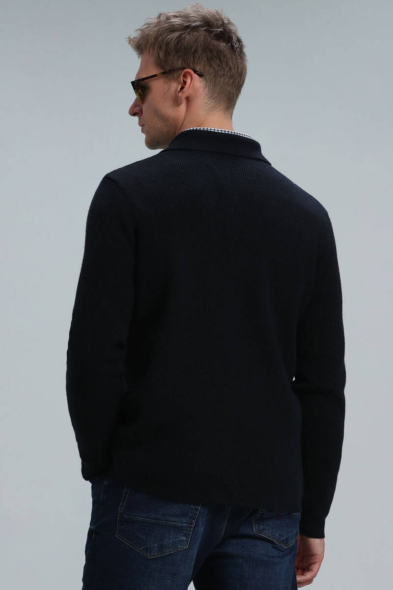 Solid Men's Cardigan Navy Blue - 6