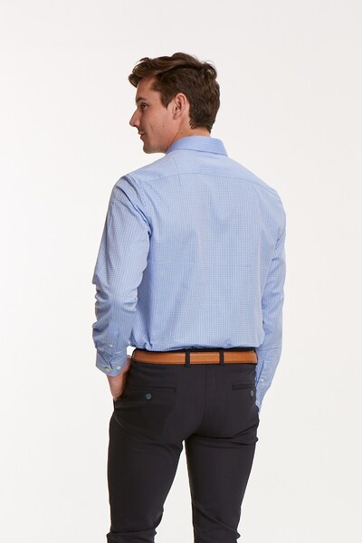 Square Patterned V Embroidery Cotton Blue Slim Fit Men's Shirt - Thumbnail