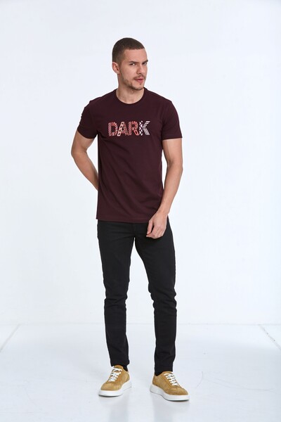 Темная хлопковая футболка с тиснением и надписью - Thumbnail