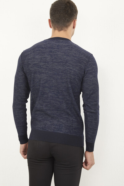 Темно-синий вязаный свитер с круглым вырезом - Thumbnail