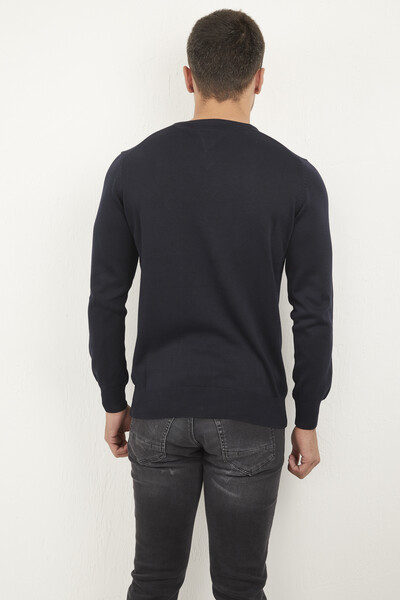 Темно-синий вязаный свитер с V-образным вырезом - Thumbnail