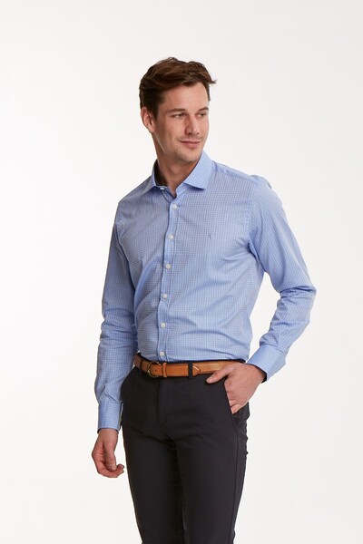 Синяя приталенная мужская рубашка из хлопка с квадратным узором и V-образной вышивкой - Thumbnail