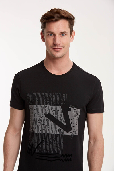 Мужская футболка с круглым вырезом и принтом букв V и узором - Thumbnail