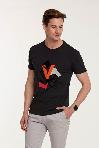 Мужская футболка с круглым вырезом и надписью V Письмо и Стая - Thumbnail