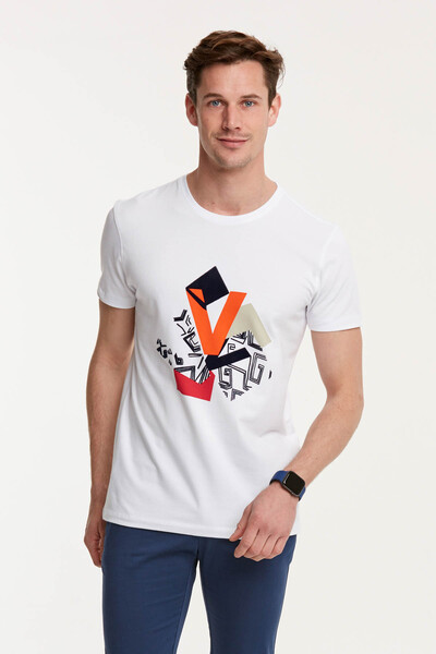 V Letter and Flock Printed Round Neck Men's T-Shirt - Thumbnail