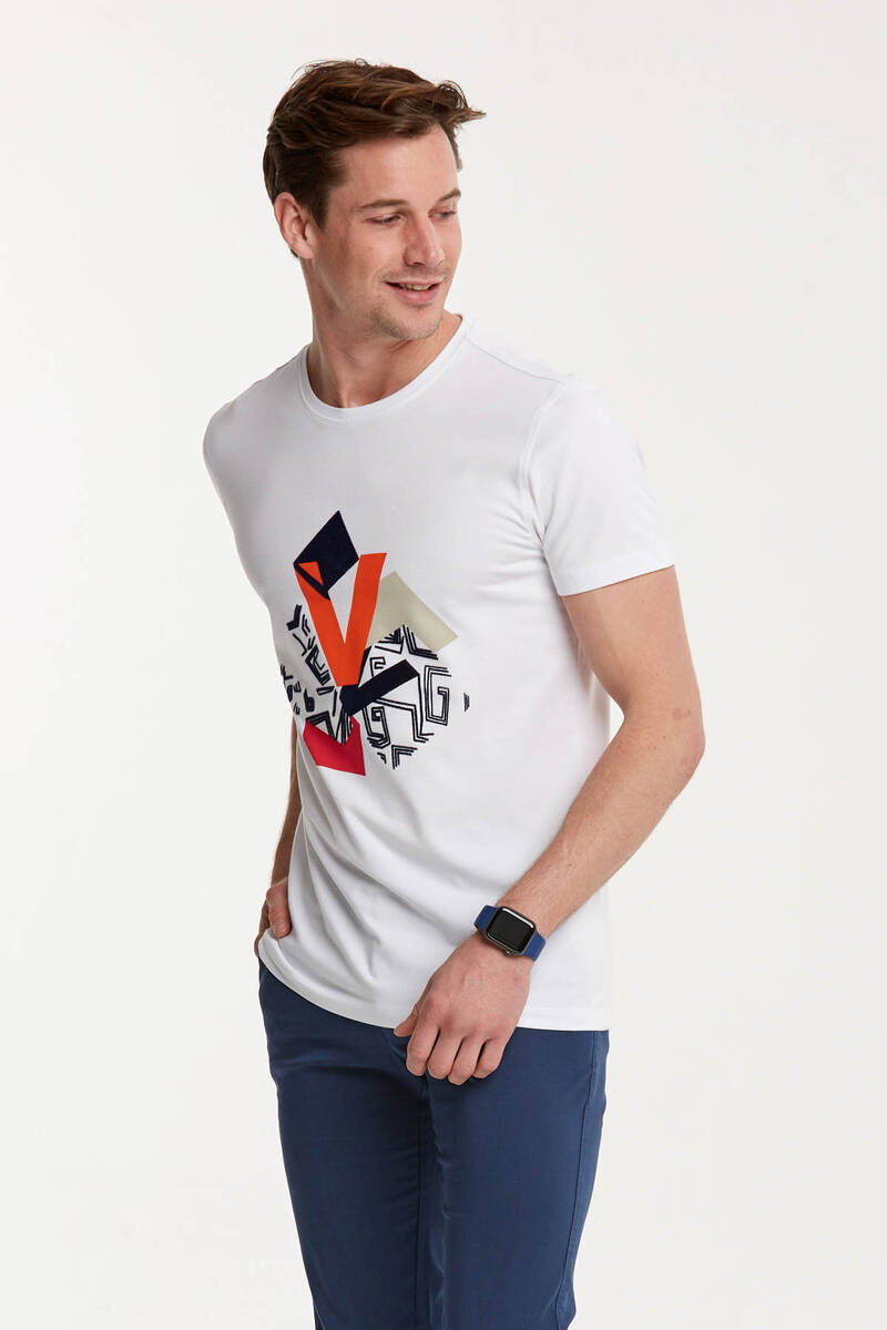 V Letter and Flock Printed Round Neck Men's T-Shirt