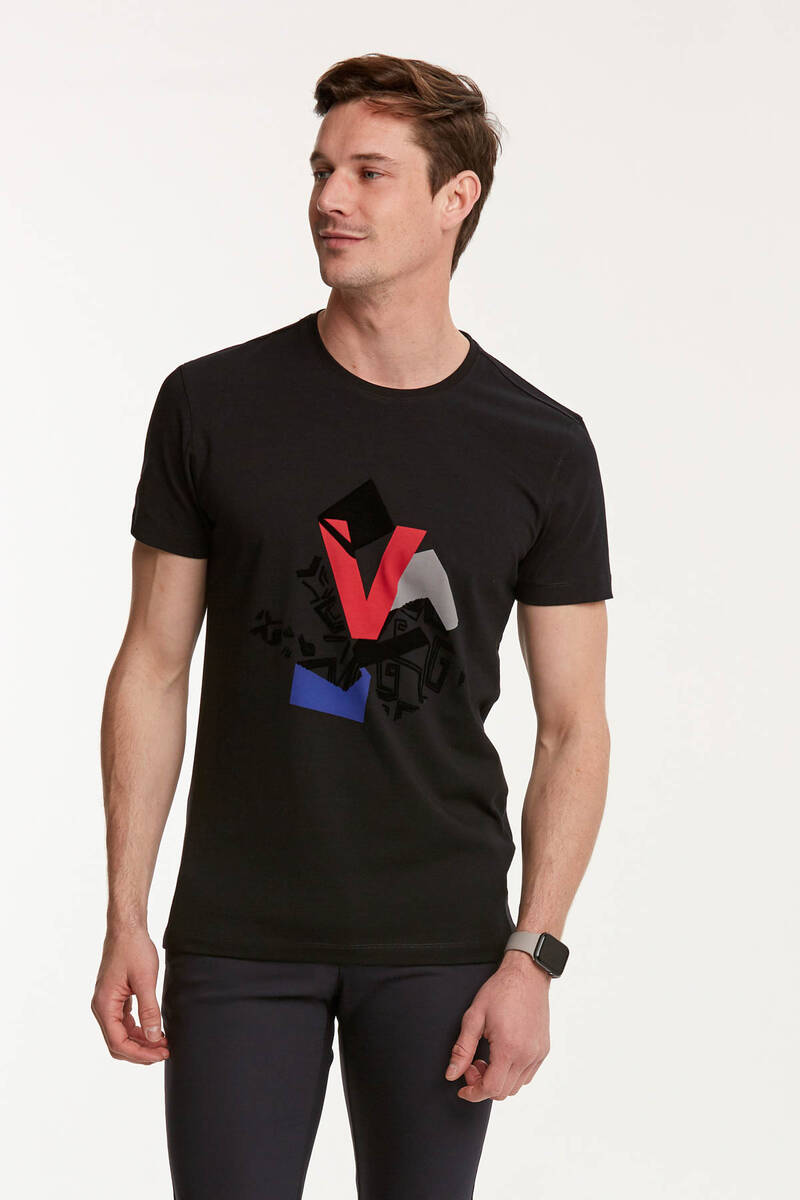 V Letter and Flock Printed Round Neck Men's T-Shirt