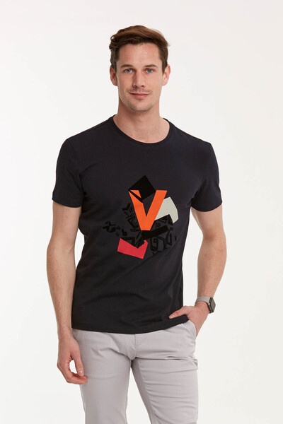 VOLTAJ - V Letter and Flock Printed Round Neck Men's T-Shirt (1)