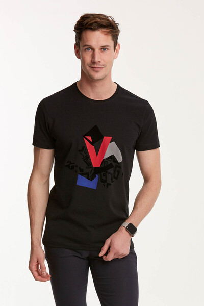 VOLTAJ - V Letter and Flock Printed Round Neck Men's T-Shirt