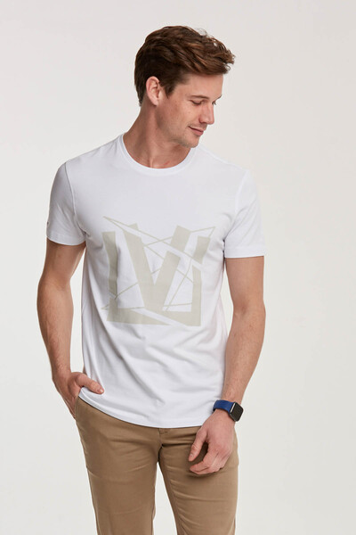 V Letter Printed Round Neck Men's T-Shirt - Thumbnail