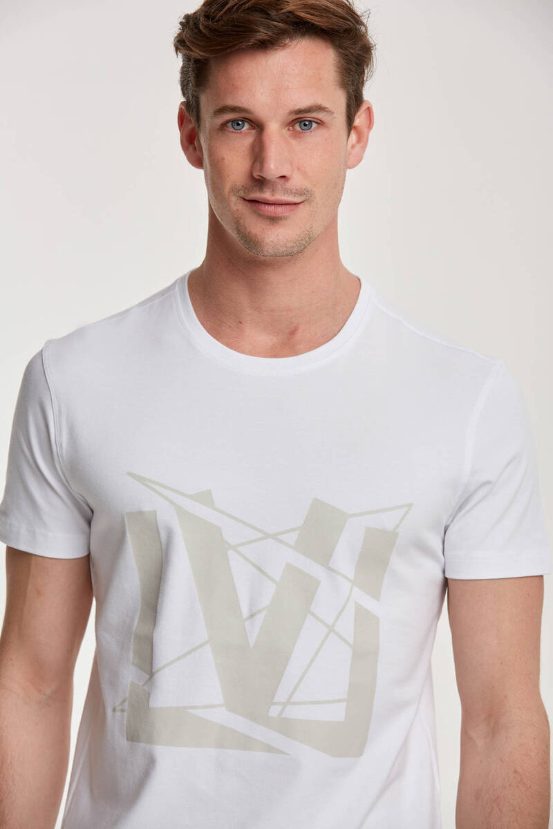 V Letter Printed Round Neck Men's T-Shirt