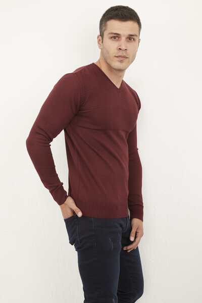 V Neck Claret Red Knitwear Sweater - Thumbnail