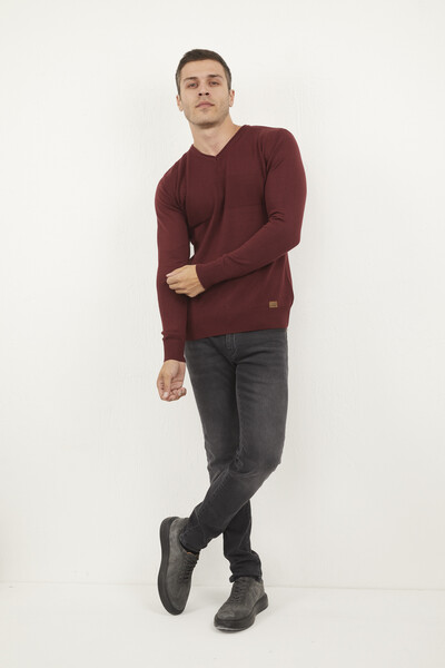 V Neck Claret Red Knitwear Sweater - Thumbnail