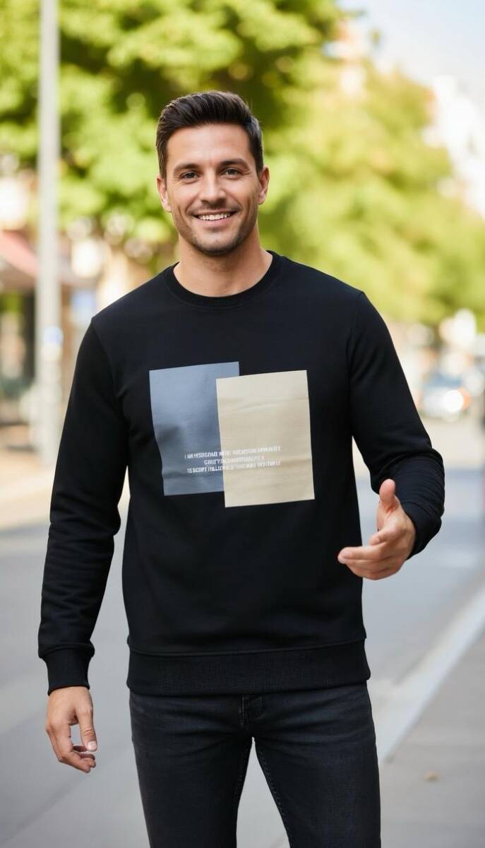 Vier Bisiklet Yaka Erkek Sweatshirt Siyah - 1