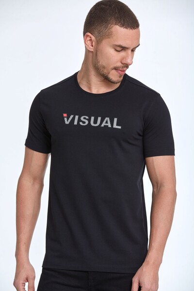 Visual Printed Cotton Crew Neck T-Shirt - Thumbnail
