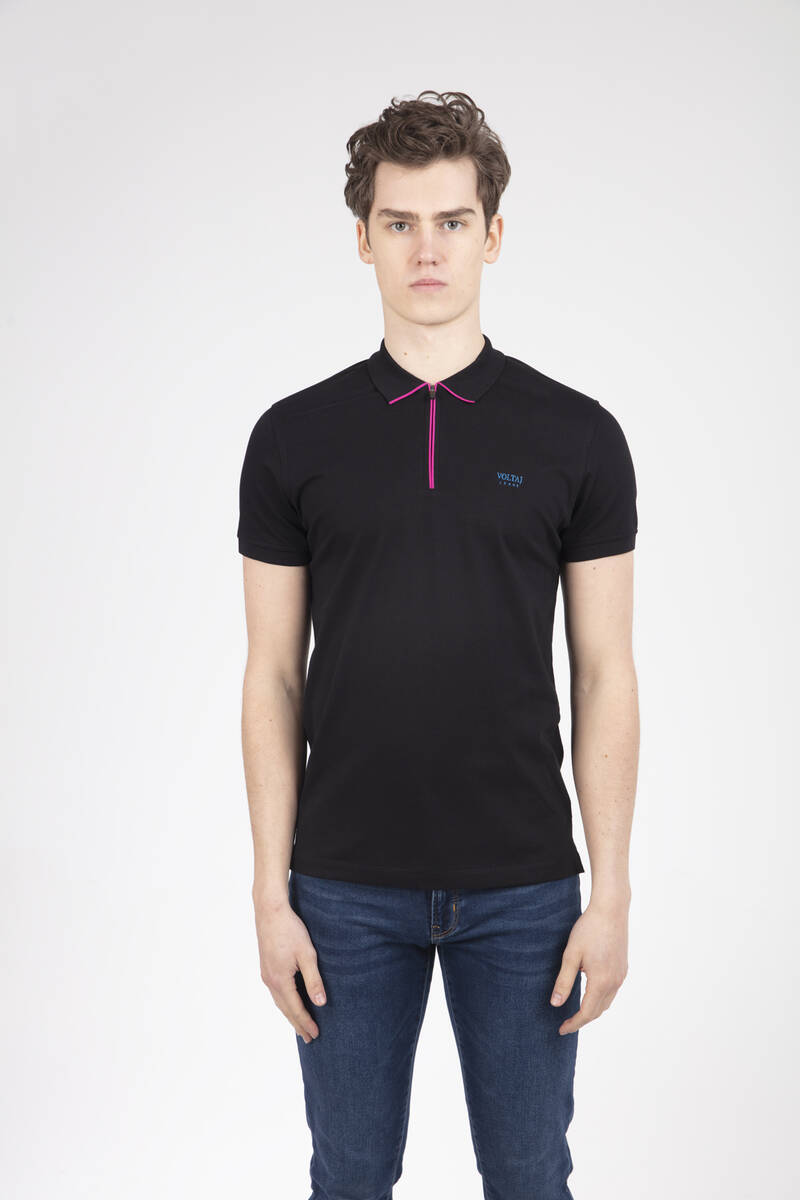 Voltaj Jeans Printed Polo T-Shirt With Zipper Collar